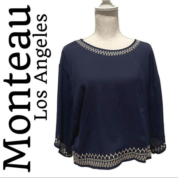 MONTEAU lightweight crop top w/ stitched designs and loose fit sleeves - Picture 1 of 8